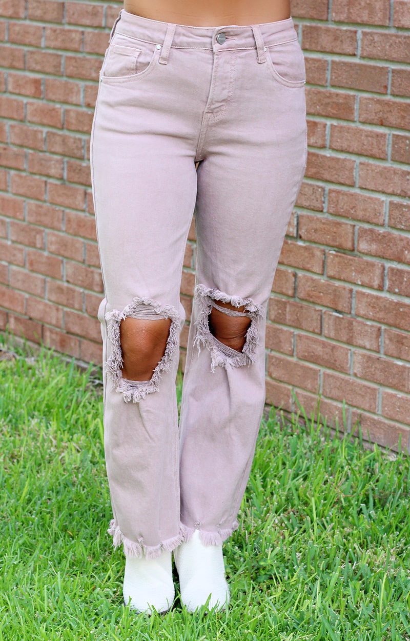 Babs High Rise Distressed Straight Jeans - Mauve
