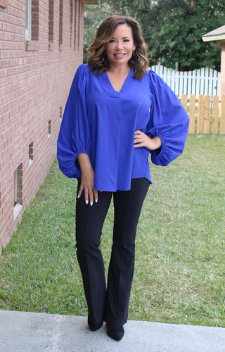 What Do You Say Balloon Sleeve Blouse - Blue