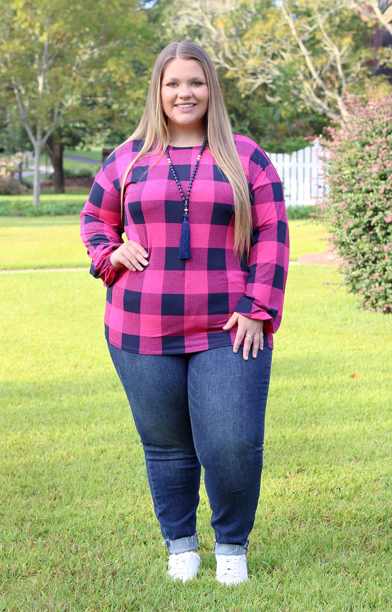 Shared With You Plaid Top - Pink/Navy