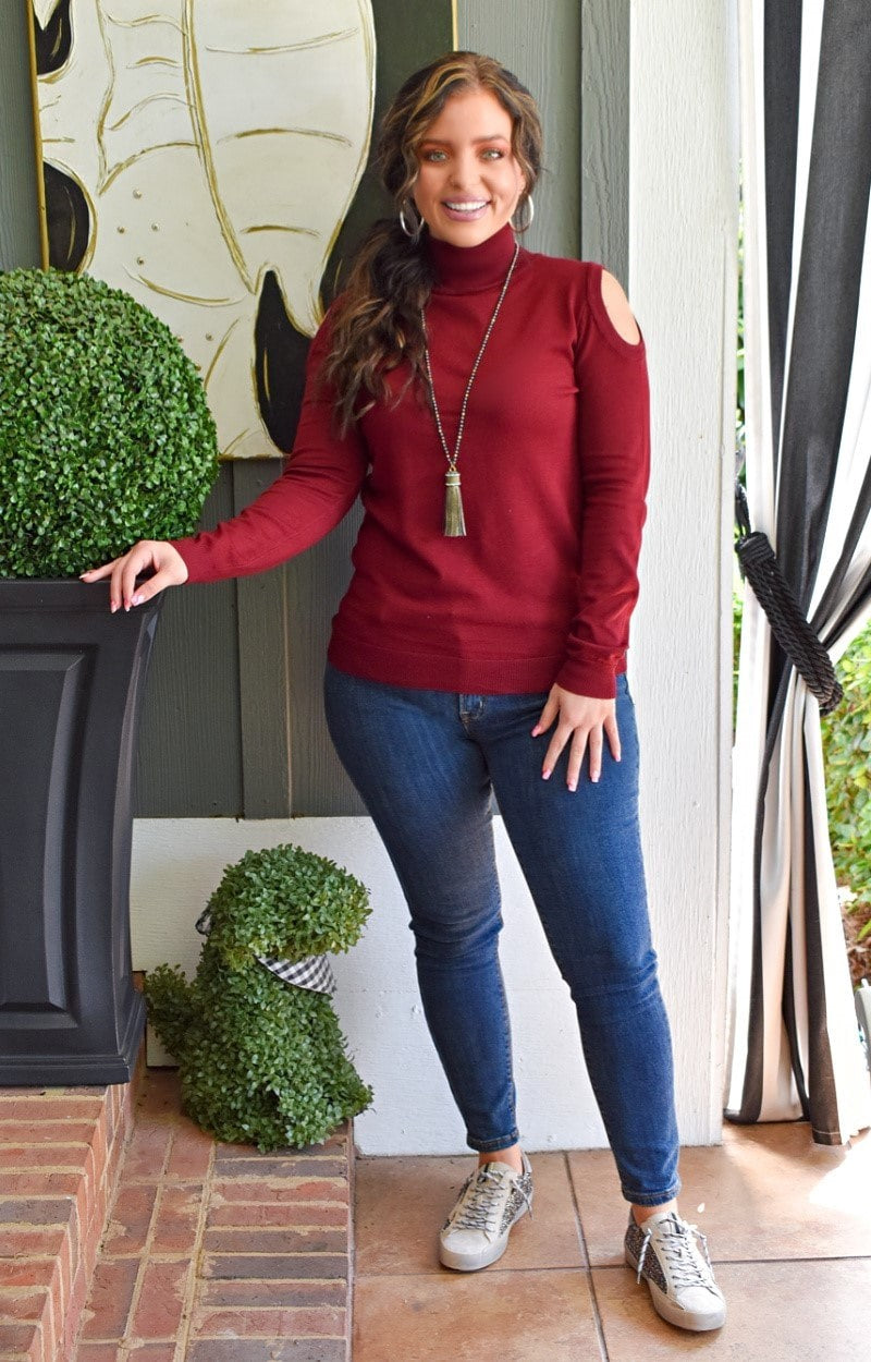 It Feels Right Cold Shoulder Sweater - Burgundy