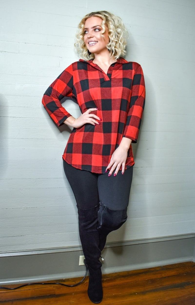 Take The Leap Plaid Top - Red/Black