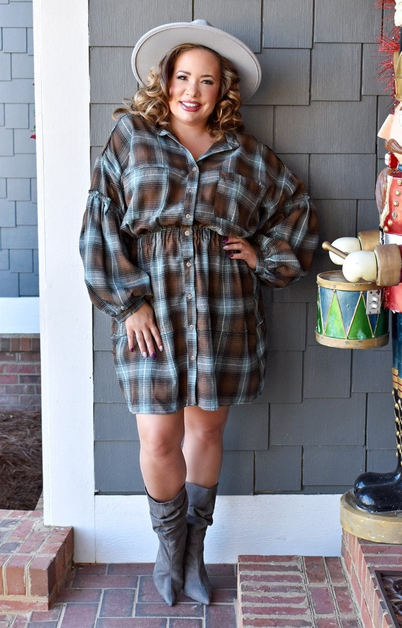 Catch Your Eye Plaid Dress - Brown/Teal