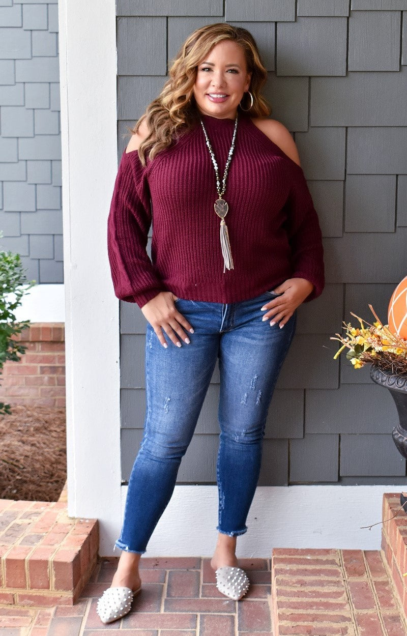 Load image into Gallery viewer, Break The Ice Cold Shoulder Sweater - Burgundy