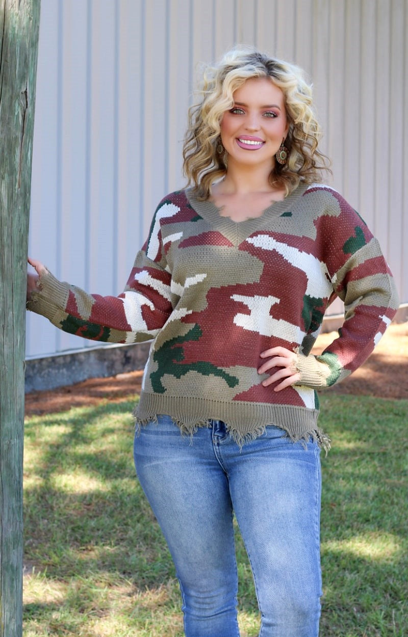 Load image into Gallery viewer, Chasing you Distressed Camo Sweater