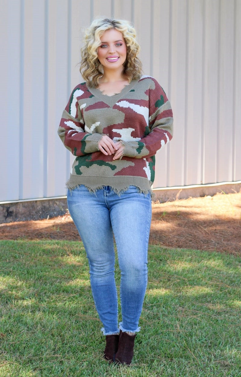 Chasing you Distressed Camo Sweater