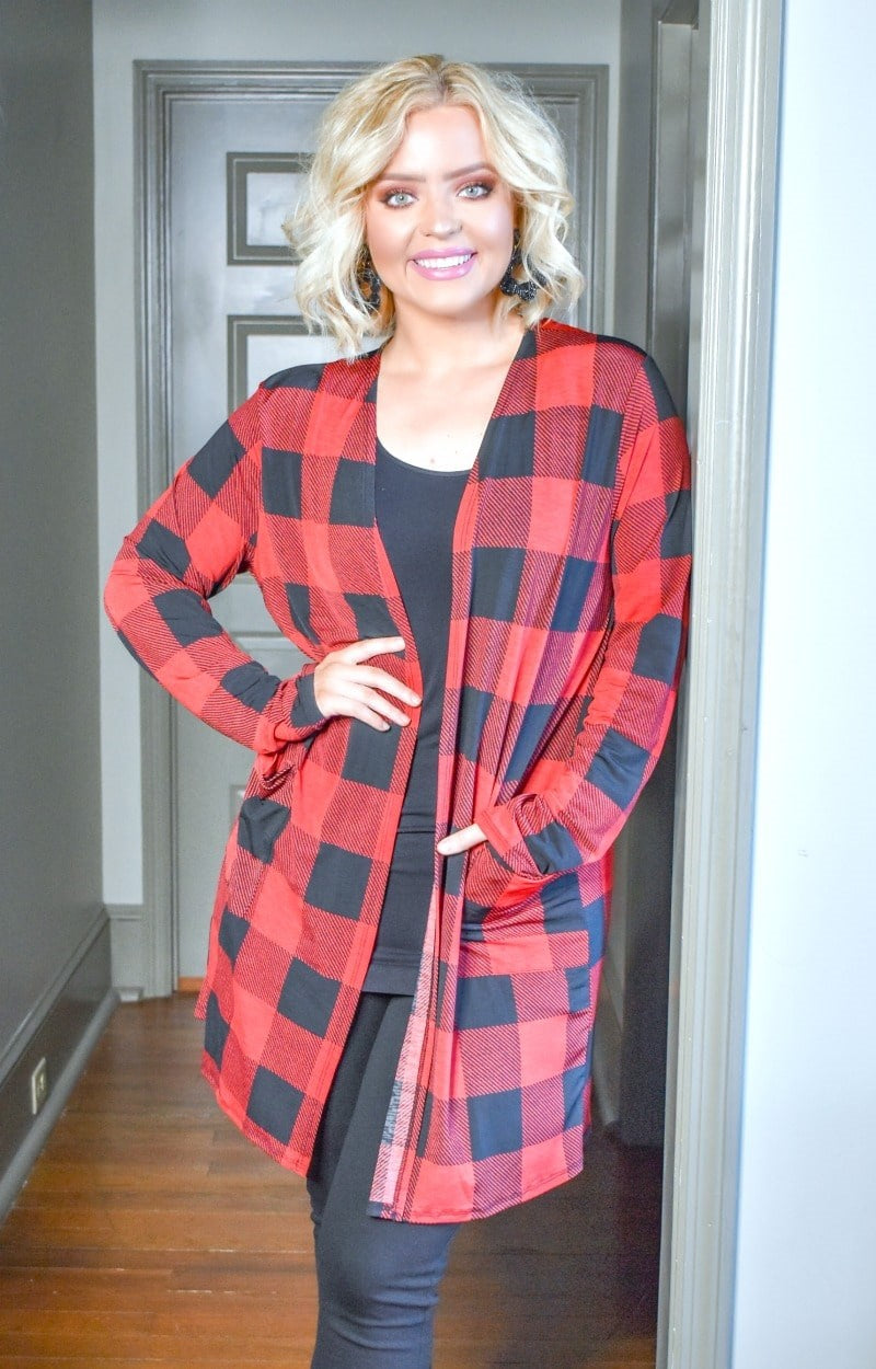 Load image into Gallery viewer, Fall Into Me Plaid Cardigan - Red/Black