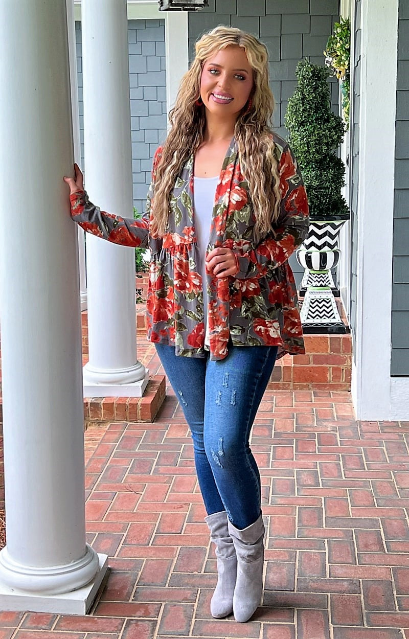 Can't Stop Smiling Floral Cardigan - Gray