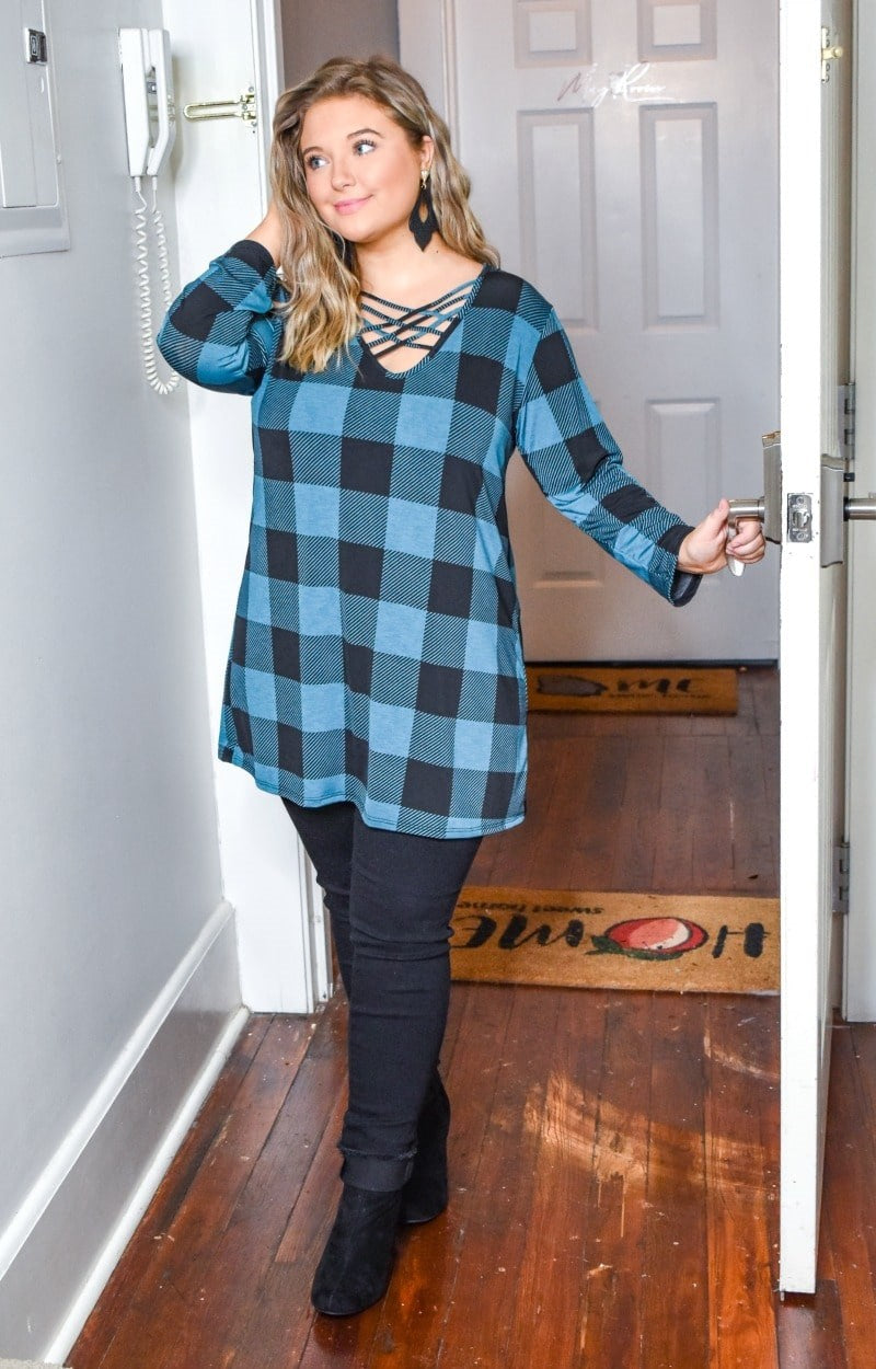 Load image into Gallery viewer, All For It Plaid Top - Black/Teal