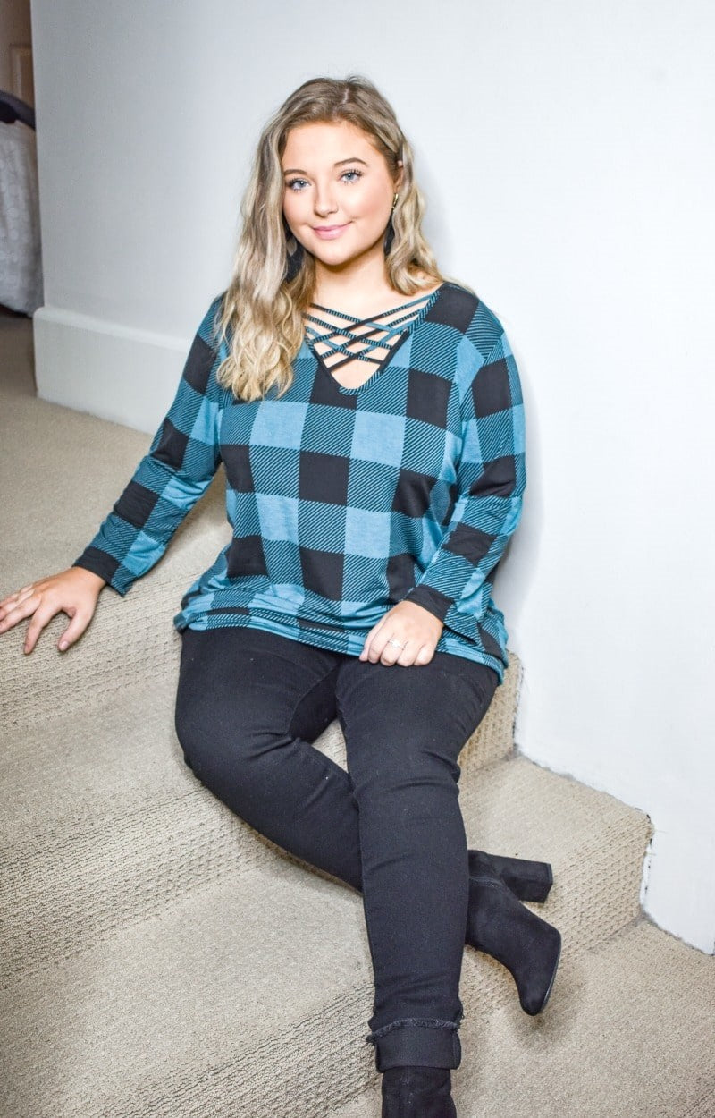 All For It Plaid Top - Black/Teal