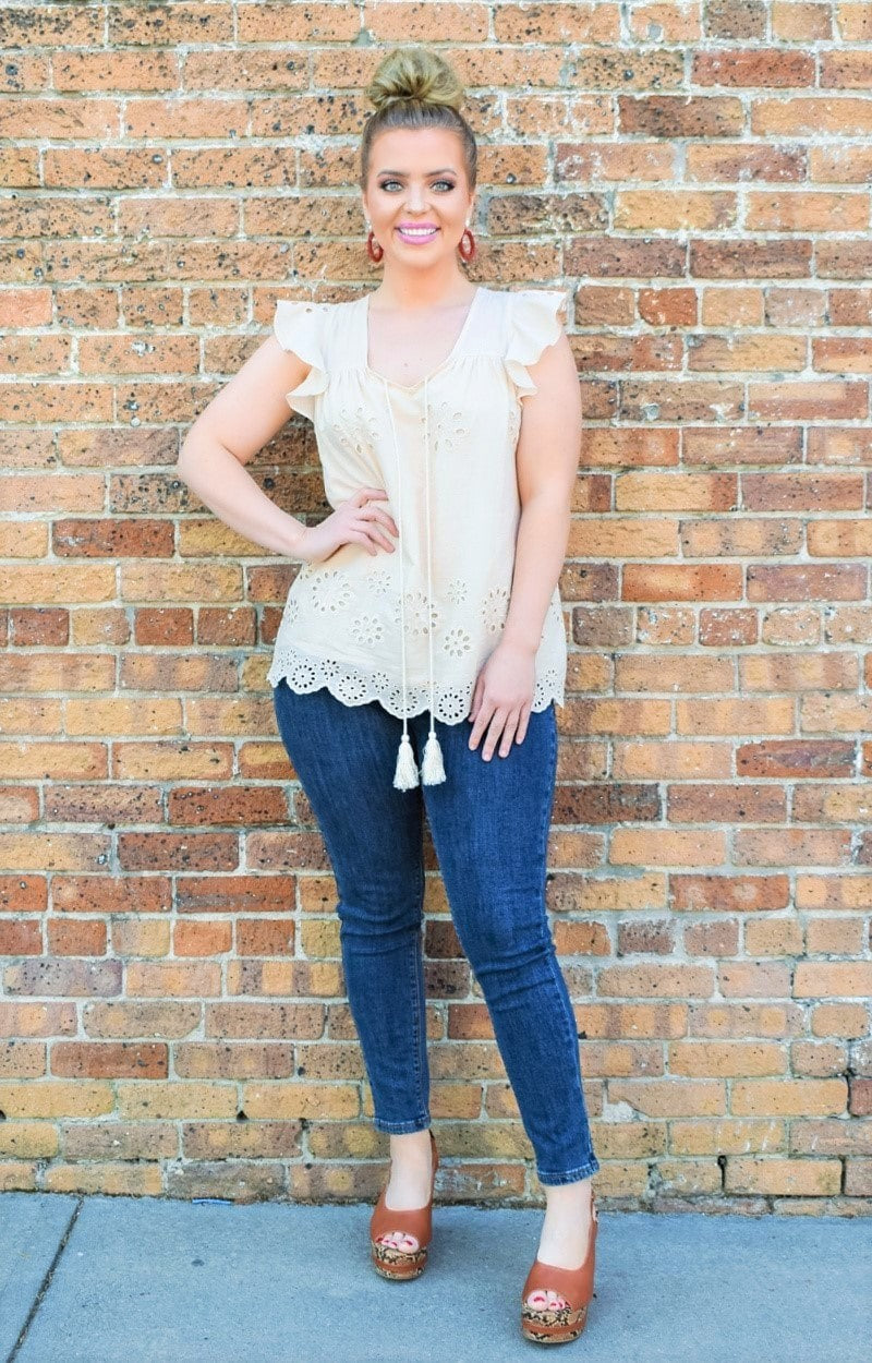 Opposites Attract Eyelet Top - Taupe