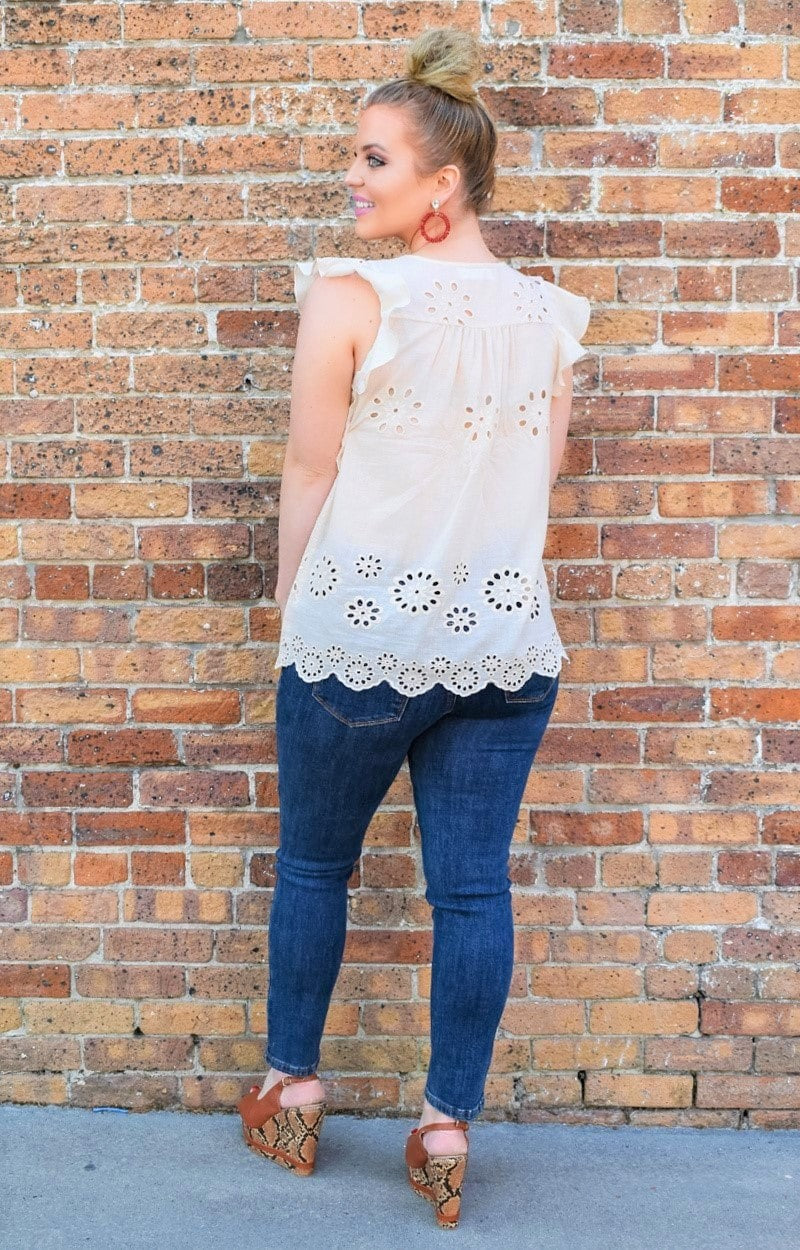 Opposites Attract Eyelet Top - Taupe
