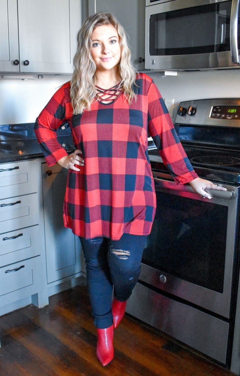 Load image into Gallery viewer, All For It Plaid Top - Black/Red