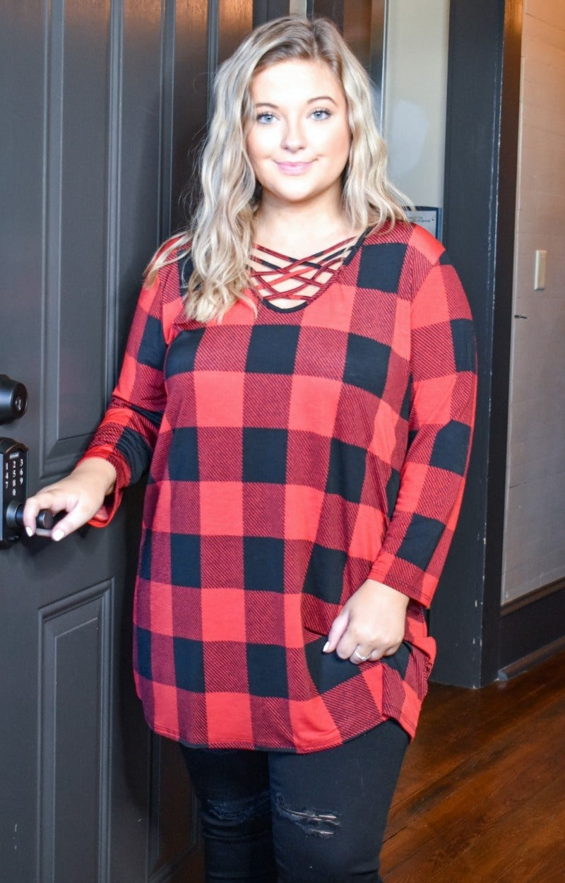 All For It Plaid Top - Black/Red