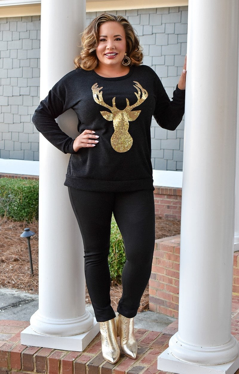Load image into Gallery viewer, Call Me Pretty Sequin Deer Top - Black