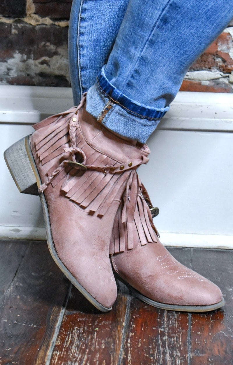 Load image into Gallery viewer, Early Mornings Fringe Booties - Dusty Rose