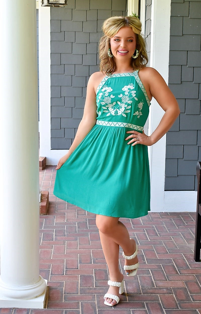 Destined For Romance Embroidered Dress - Kelly Green