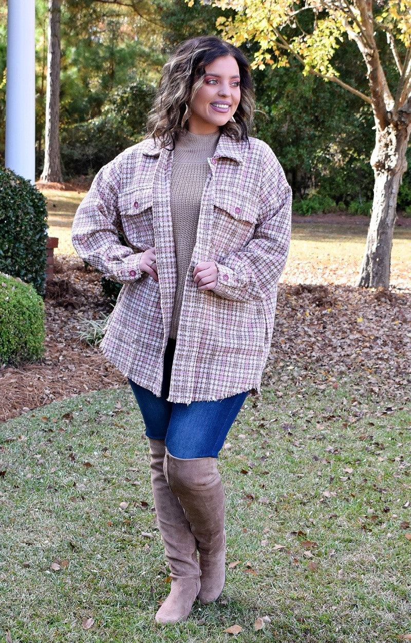 Just Say When Plaid Distressed Shacket - Blush