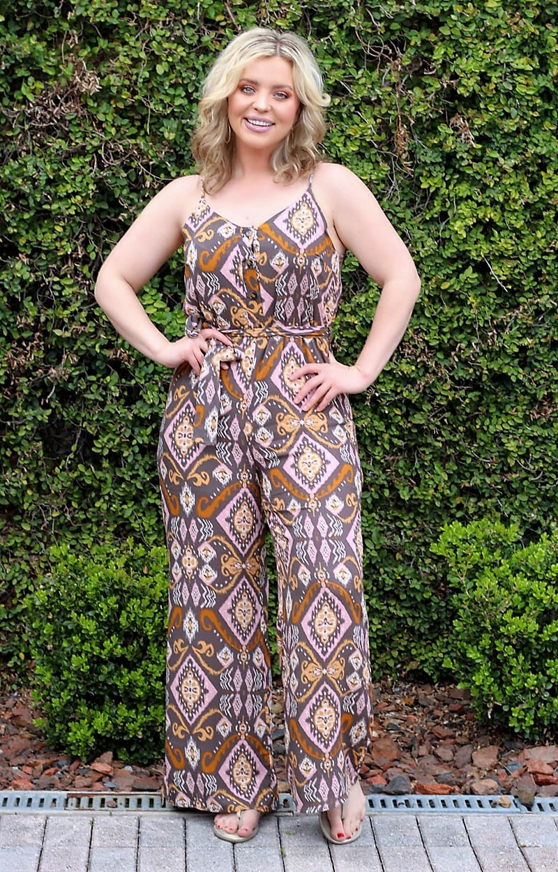 Load image into Gallery viewer, Girl On Fire Print Jumpsuit - Brown/Multi