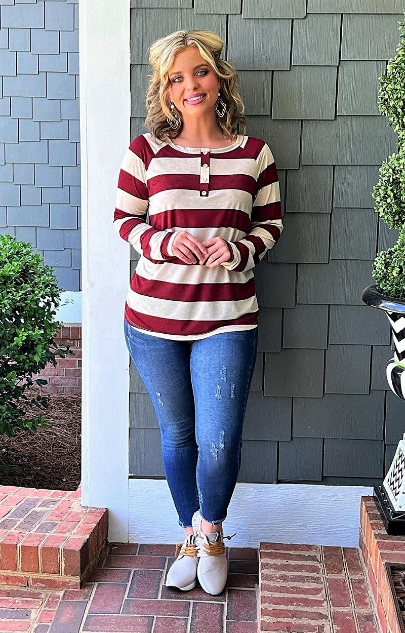 Figuring Out Life Striped Top - Burgundy