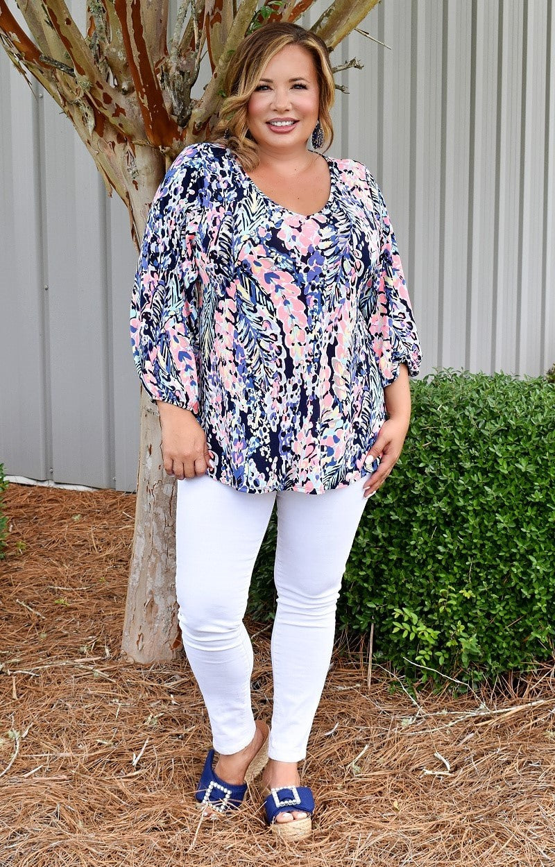 Stay Happy Floral Top - Navy/Multi