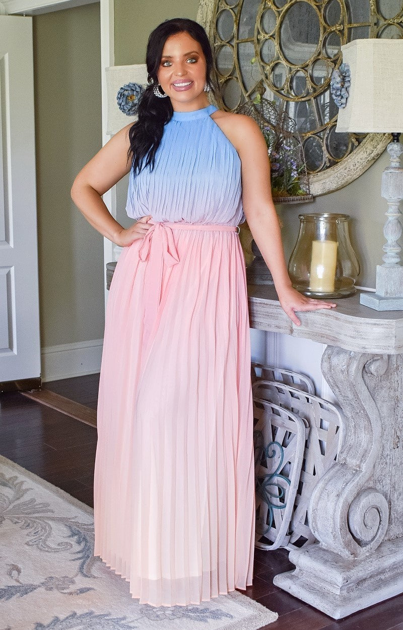 Load image into Gallery viewer, Easily Enjoyed Maxi Dress - Peach/Blue