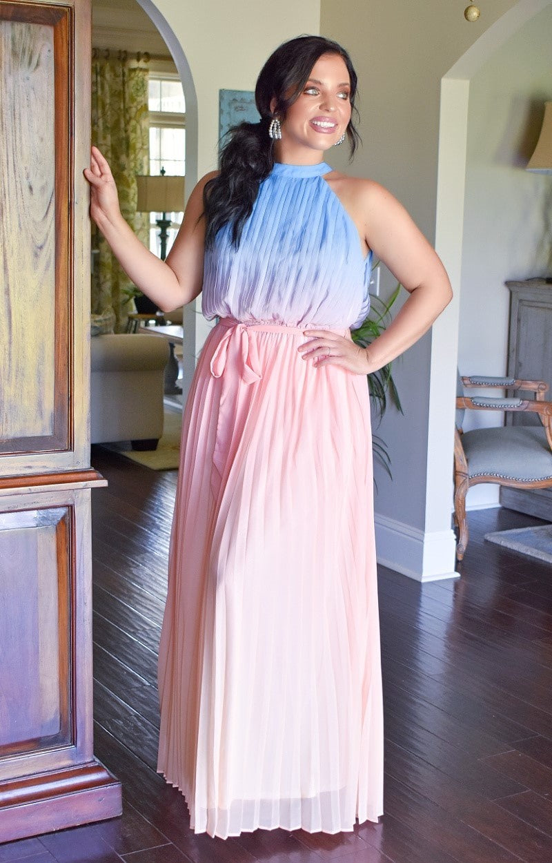 Load image into Gallery viewer, Easily Enjoyed Maxi Dress - Peach/Blue