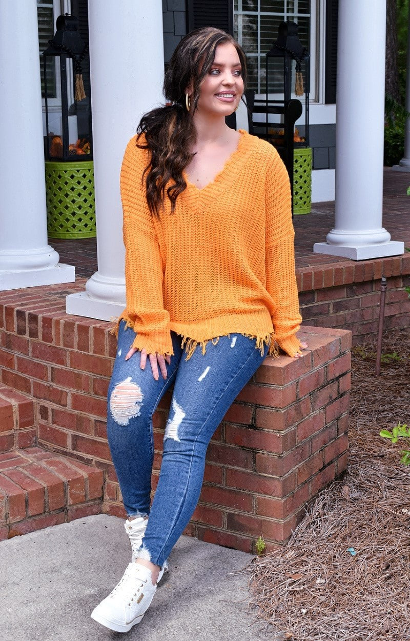 Some Day Soon Distressed Sweater - Tangerine