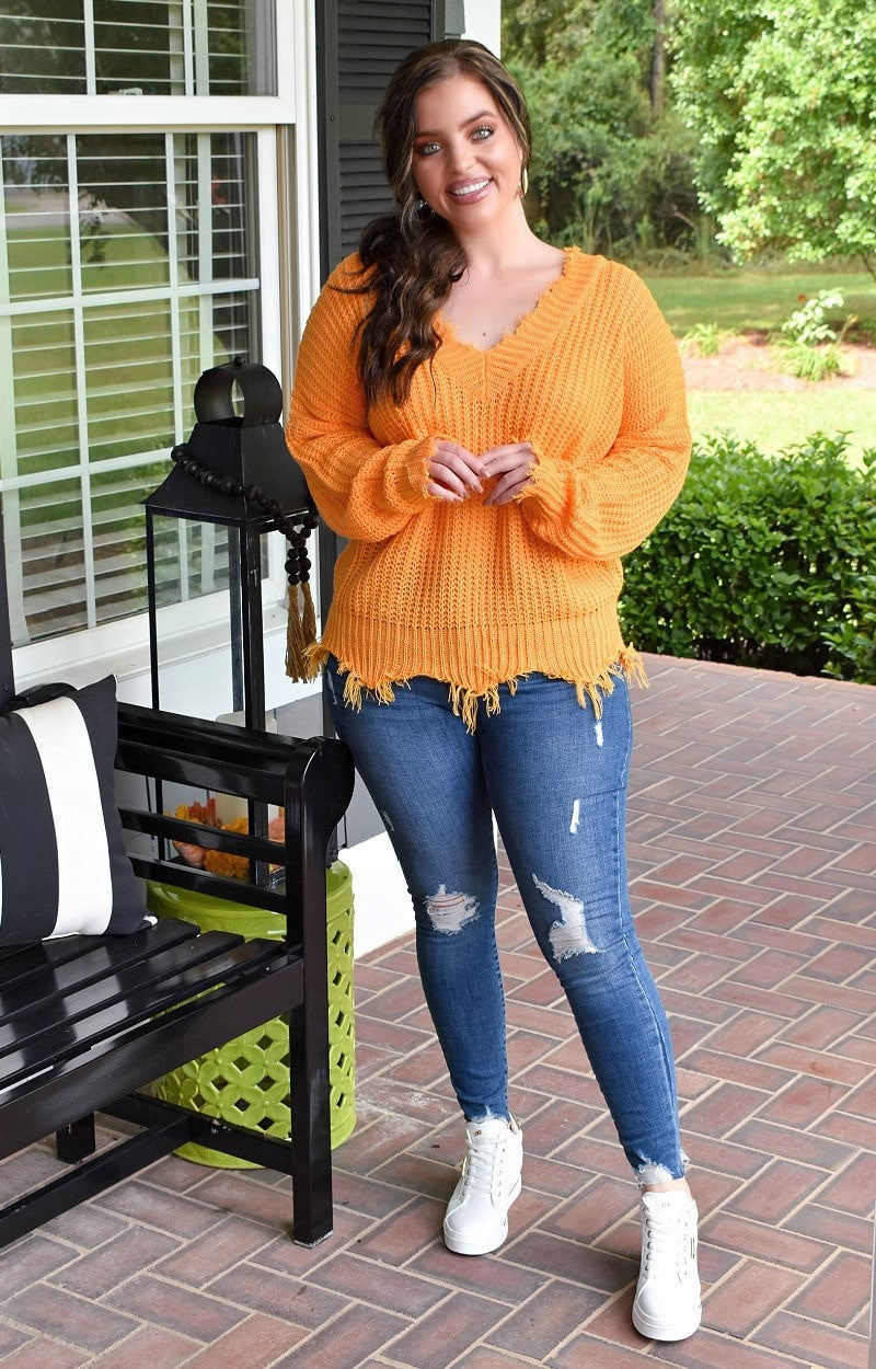 Load image into Gallery viewer, Some Day Soon Distressed Sweater - Tangerine