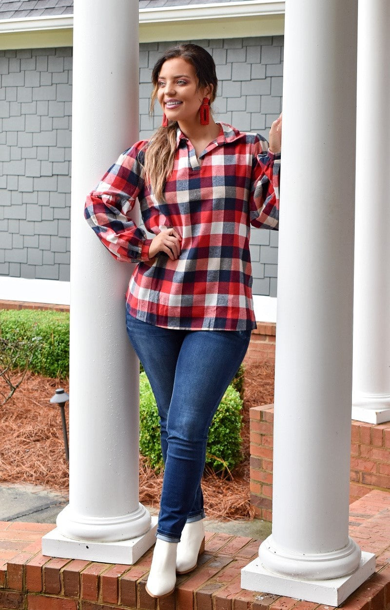 Load image into Gallery viewer, Never Give Up Plaid Top - Red/Navy