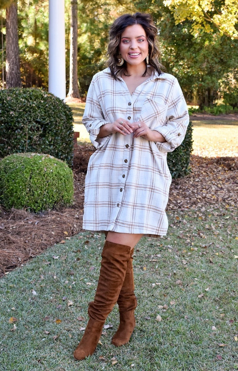 All Buttoned Up Plaid Shacket Dress - Ivory