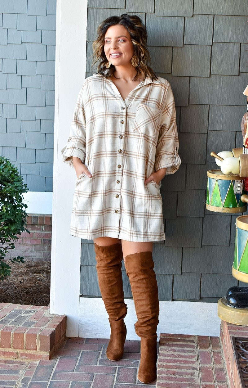 All Buttoned Up Plaid Shacket Dress - Ivory