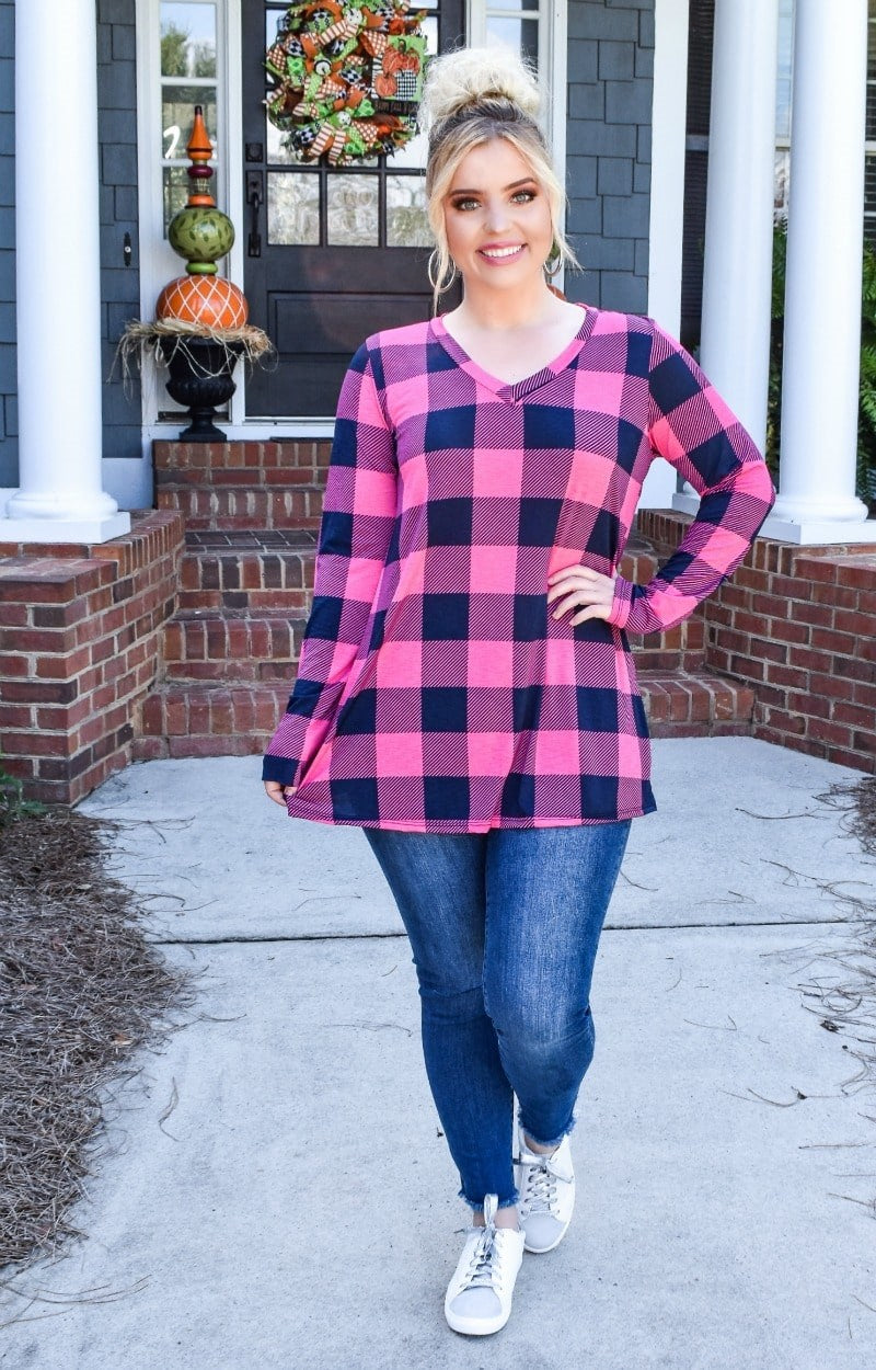 Load image into Gallery viewer, Back For Now Plaid Top - Fuchsia/Navy