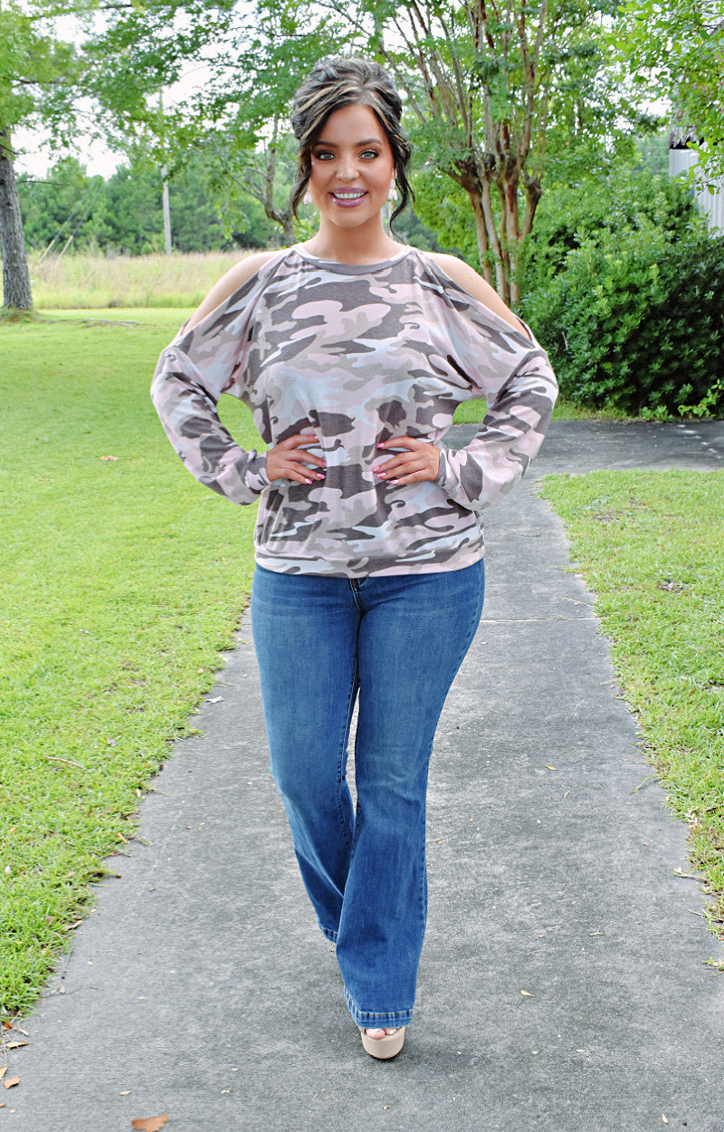Load image into Gallery viewer, Hiding Out Cold Shoulder Print Top - Pink Camo