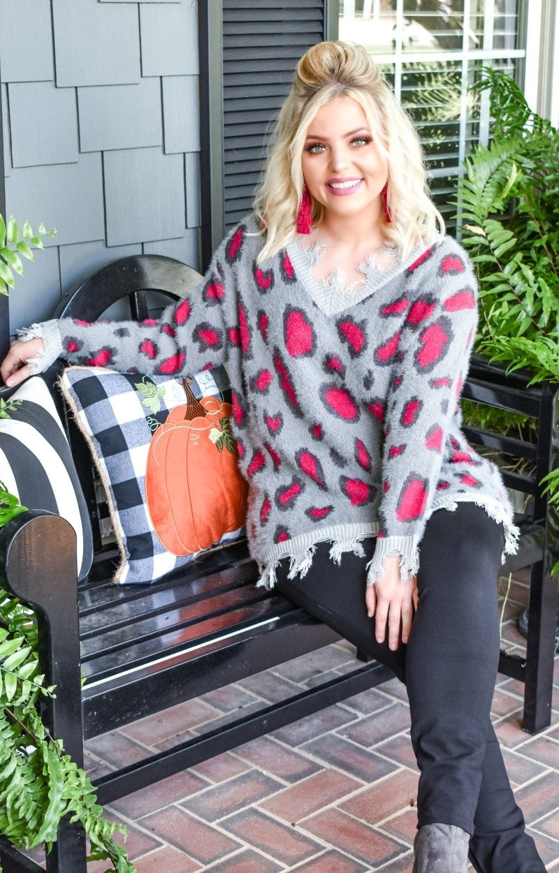 Cut You Loose Leopard Print Sweater - Charcoal