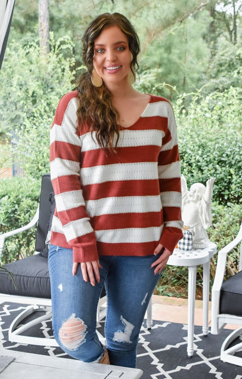 Seemingly Perfect Striped Sweater - Burgundy/Ivory