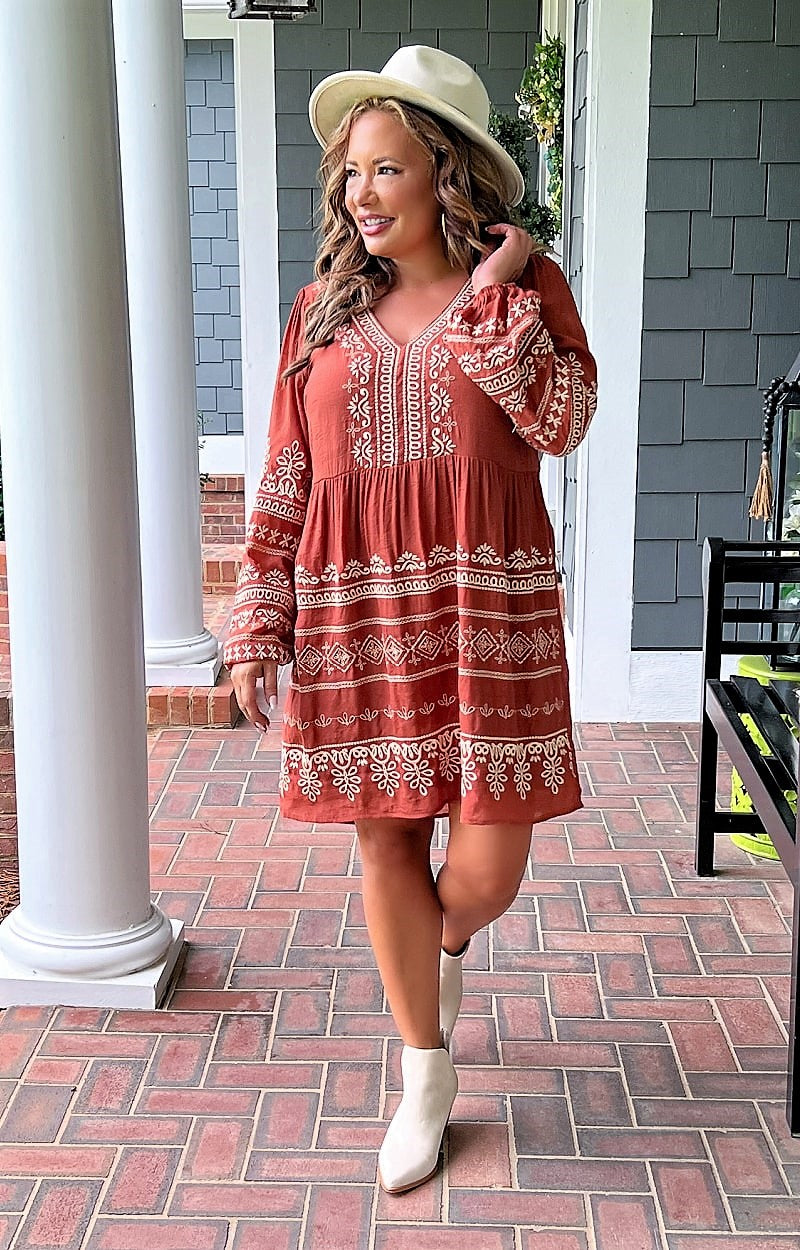 Feeling So Chipper Embroidered Dress - Rust