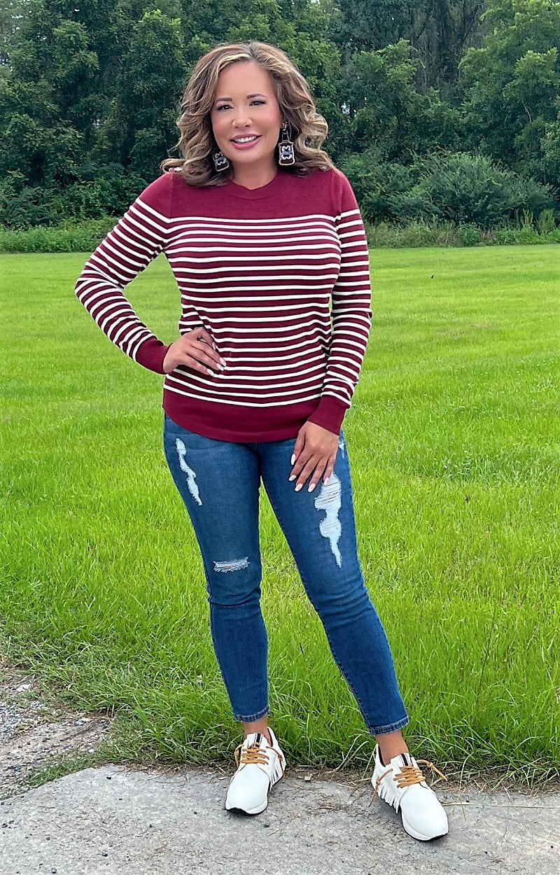 Overcome The Odds Striped Sweater - Burgundy