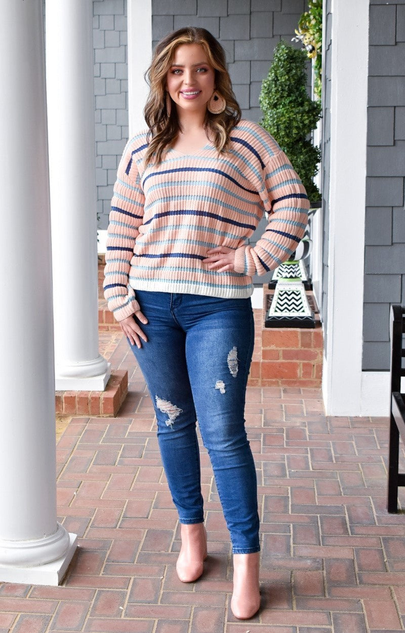 Load image into Gallery viewer, Get The Message Striped Sweater - Blush