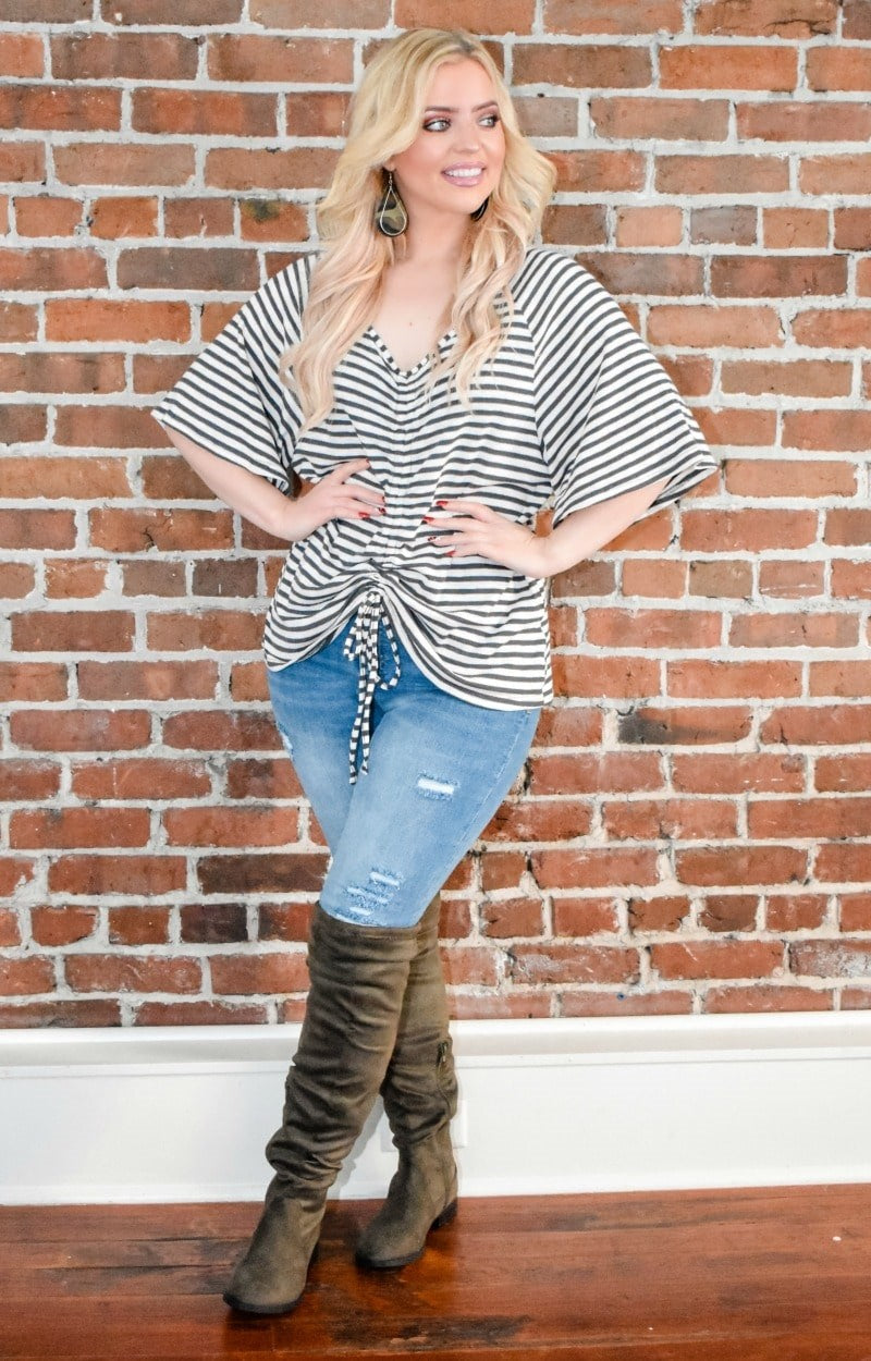 Not Tied To You Striped Top - White/Charcoal