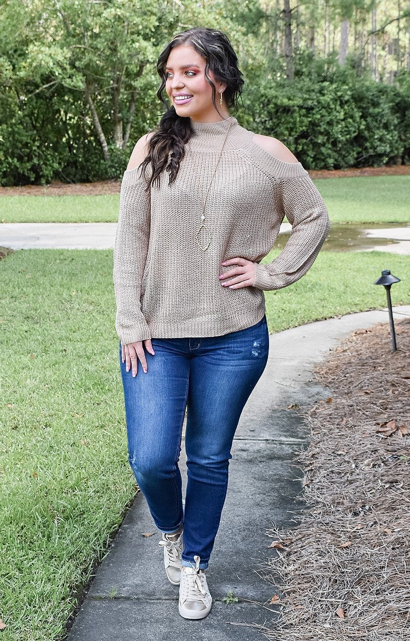 Load image into Gallery viewer, Truest Dreams Cold Shoulder Sweater - Taupe