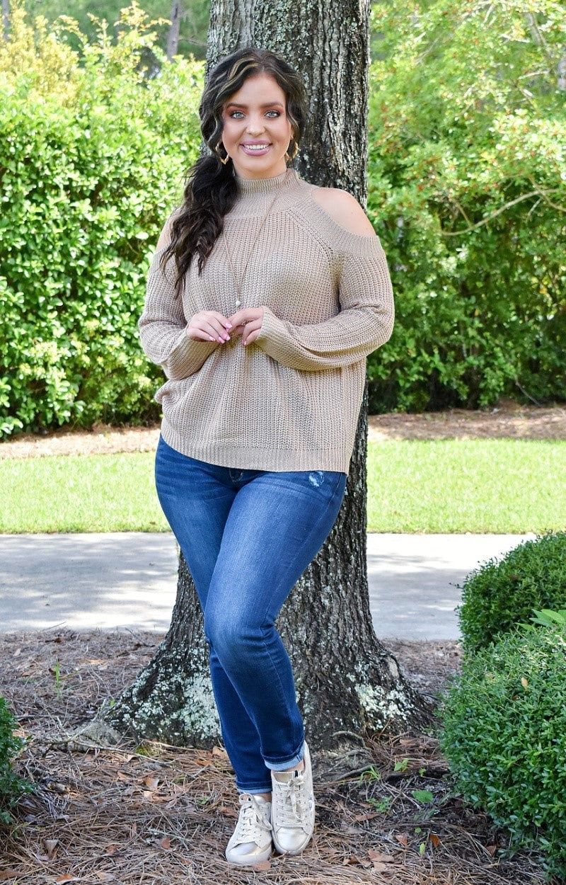 Load image into Gallery viewer, Truest Dreams Cold Shoulder Sweater - Taupe