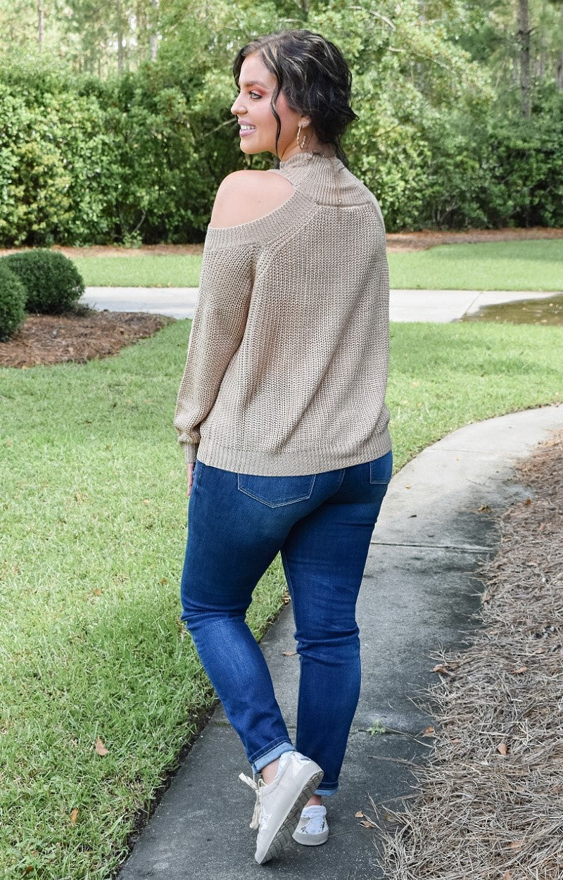 Truest Dreams Cold Shoulder Sweater - Taupe