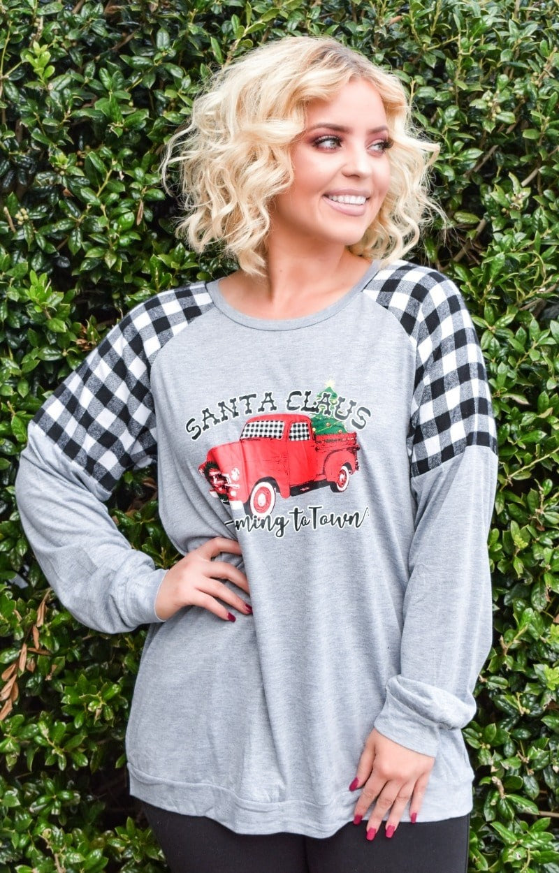 Santa Is Coming To Town Plaid Top - Gray