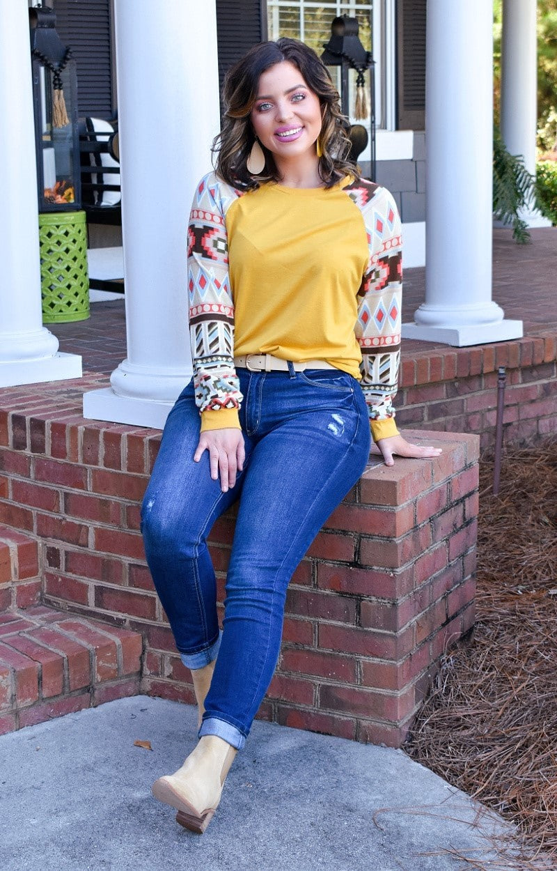 First In Line Print Top - Mustard
